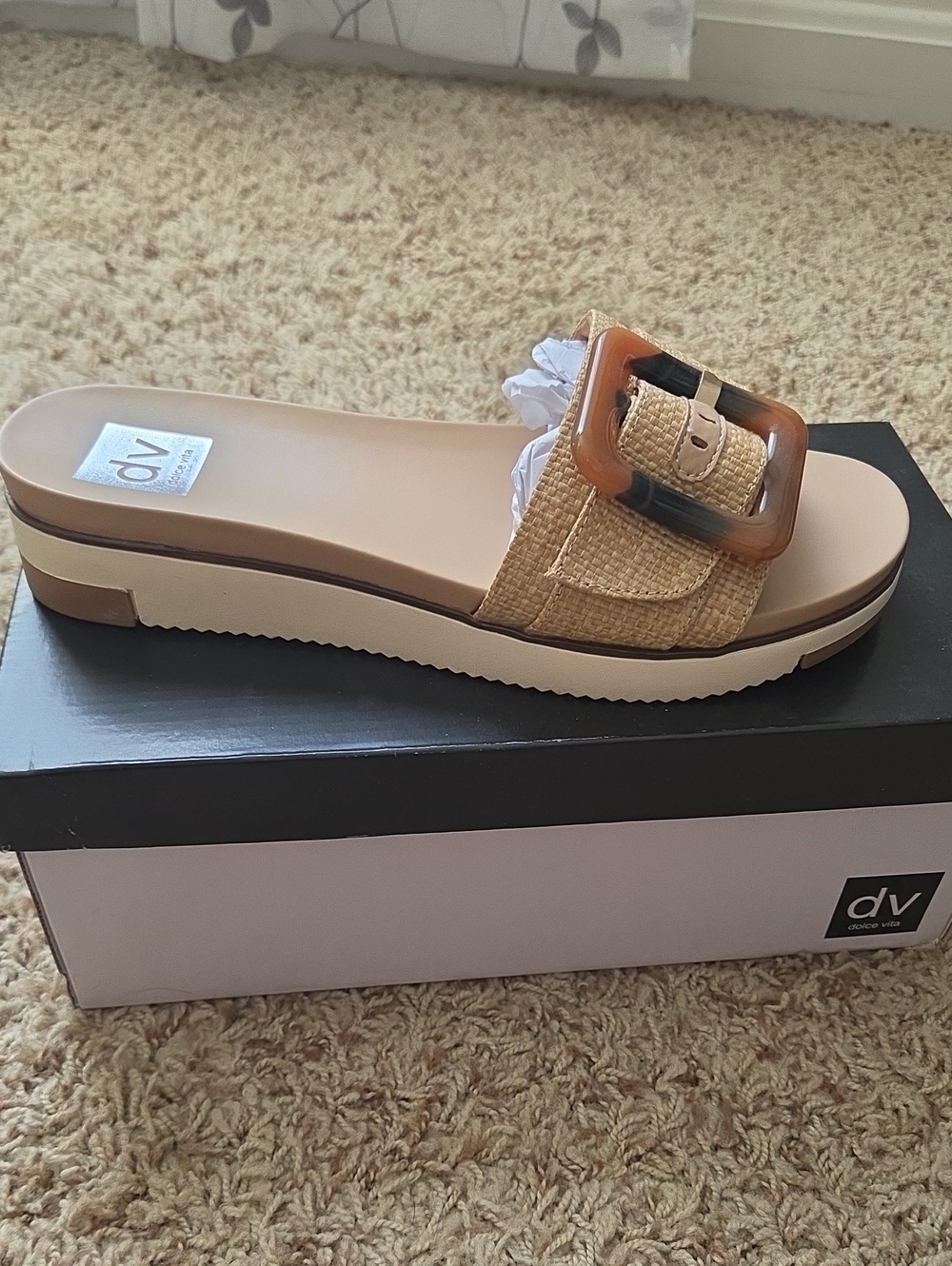 DV by Dolce Vita Tan Woven Slide Sandal with Tortoiseshell Buckle